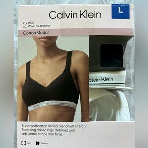 Calvin Klein Women's L Wire Free Bralette Bra Black/White Cotton Modal Set of 2